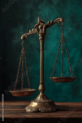 Vintage brass scales of justice balanced on a wooden table against a teal background