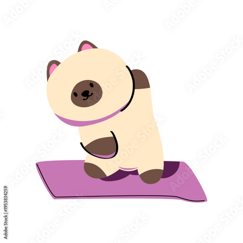A cat doing yoga poses on a purple yoga mat. Hand-drawn.