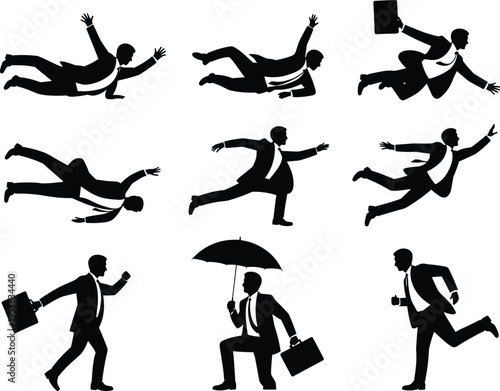 Businessperson silhouettes in dynamic poses with briefcases and umbrellas, running, jumping, falling, and walking, symbolizing urgency, stress, corporate lifestyle, and fast‑paced 