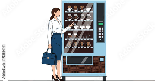 Businesswoman selecting coffee from vending machine with multiple beverage options, keypad, and digital display, modern workplace convenience technology illustration highlighting auto