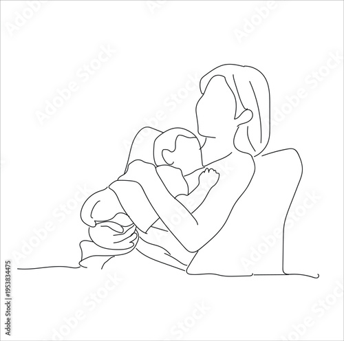 mother carrying child. Continuous One Line Drawing Mother Carrying Child.