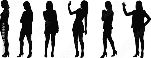 Black woman silhouettes set, young ladies in various standing and waving poses, female figures in fashion dresses isolated on white background vector