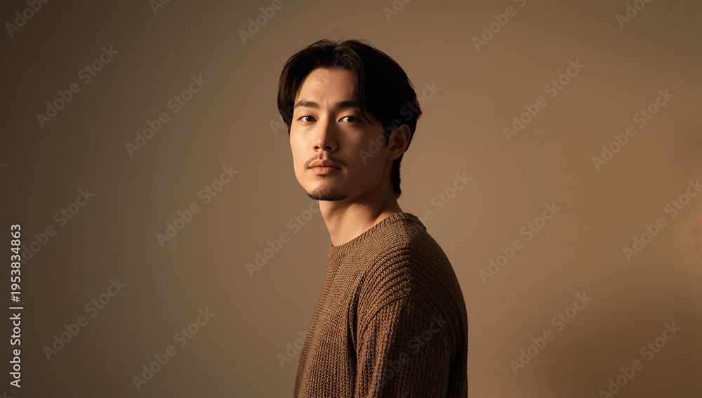 Obraz premium 温かい光のスタジオ背景で落ち着いた表情を見せる日本人男性のポートレート