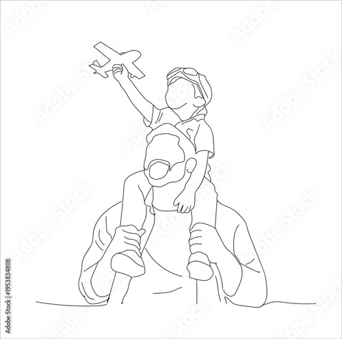 father carrying child on shoulder