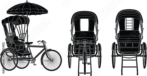 Detailed illustration of traditional cycle rickshaw with umbrella canopy, padded passenger seat, and rear wheel views, symbolizing vintage transport, culture, history, and creative artwork project
