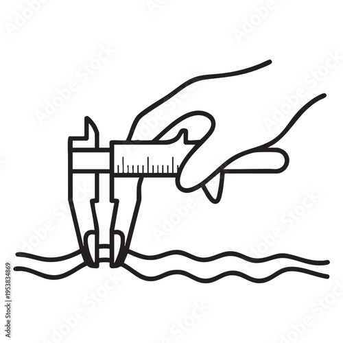 A hand is measuring the depth of water with a caliper near wavy lines in a scientific setting.