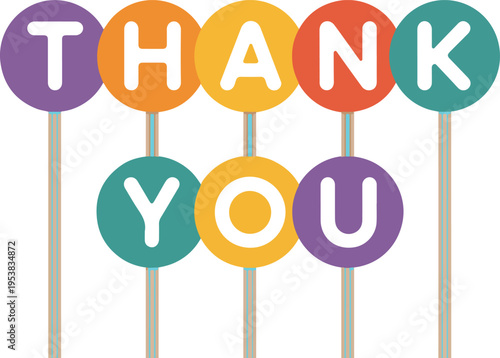 Colorful thank you text on round signs with sticks isolated