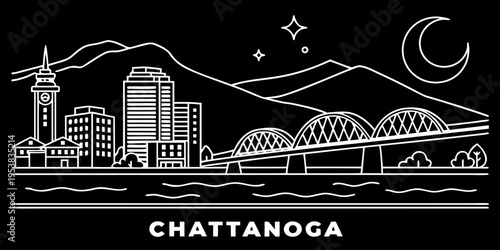 USA, US, U.S, United States - Minimal Chattanooga Tennessee Skyline with River and Lookout Mountain – Clean Geometric Line Art SVG Vector Design | USA US U.S United States City Outline Illustration