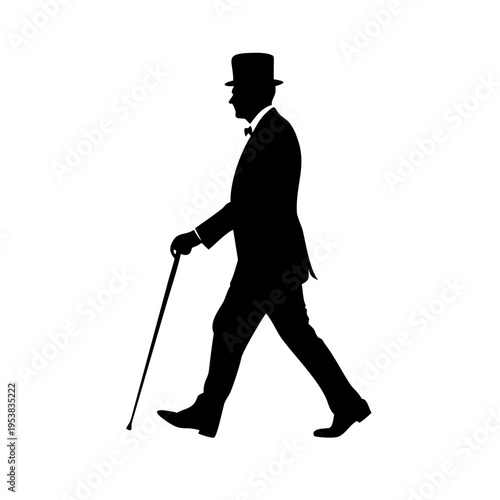 Gentleman Walking with Cane and Top Hat Tuxedo Silhouette Vector