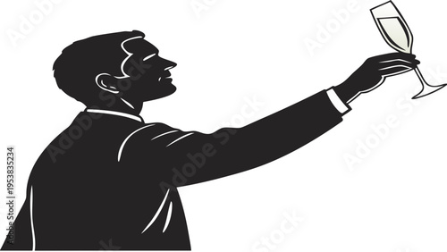 Man Holding Champagne Glass Upward for Toast Silhouette Vector