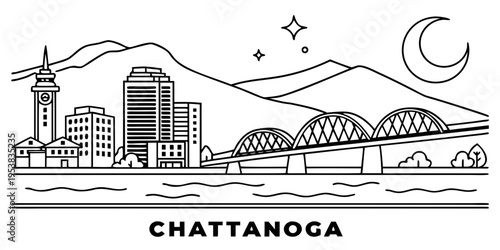 USA, US, U.S, United States - Minimal Chattanooga Tennessee Skyline with River and Lookout Mountain – Clean Geometric Line Art SVG Vector Design | USA US U.S United States City Outline Illustration