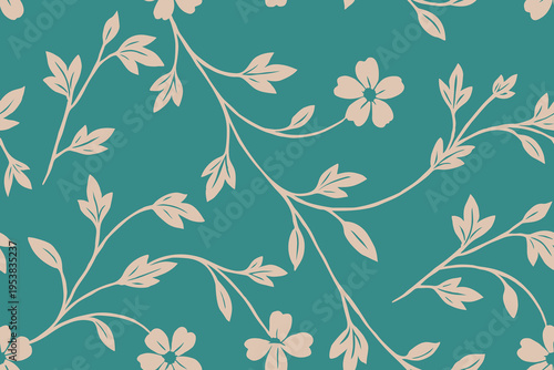 Seamless pattern of delicate beige floral branches on a teal background, offering a soft, elegant, and modern botanical design ideal for wallpaper, fabric, and decor.
