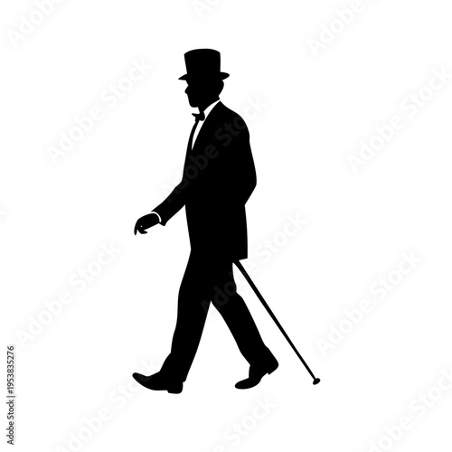 Gentleman Walking with Cane and Top Hat Tuxedo Silhouette Vector