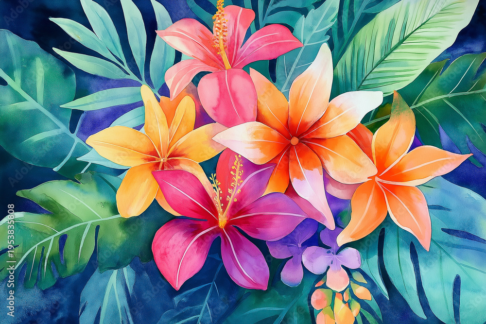 Obraz premium Vibrant tropical watercolor illustration with hibiscus and plumeria flowers surrounded by lush green leaves on a deep blue background