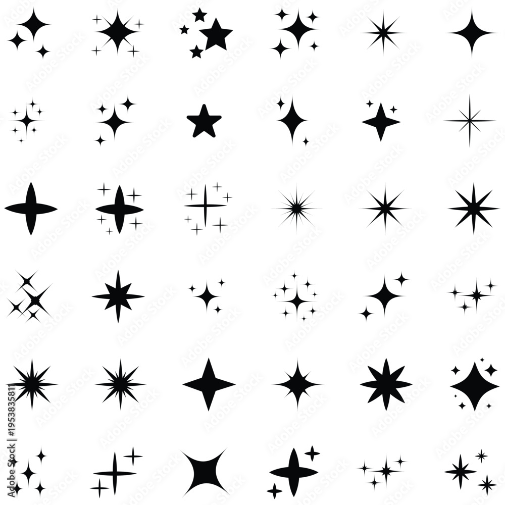 Fototapeta premium Collection of black starburst shapes and designs on white background