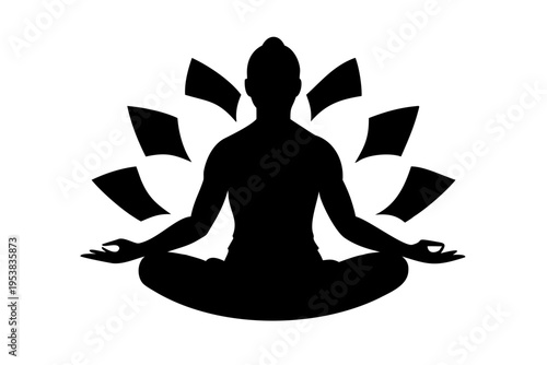 Yoga Meditation Silhouette Icon with Lotus Flower and Zen Circle, Wellness and Mindfulness Vector Graphic