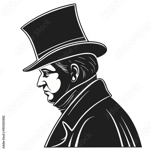 Black Silhouette of a Man wearing a Vintage Top Hat and Overcoat, Front View Vector Icon
