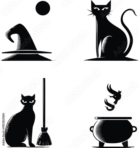 Halloween witchcraft vector illustration hat cat broom cauldron magic mystical occult silhouette fantasy spooky supernatural art