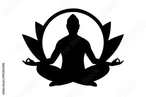 Yoga Meditation Silhouette Icon with Lotus Flower and Zen Circle, Wellness and Mindfulness Vector Graphic