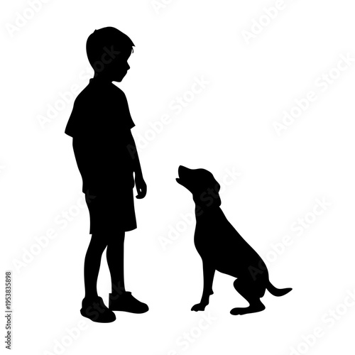 Black Silhouette of a Young Boy and Dog Side Profile Facing Each Other on Grass Patch Vector