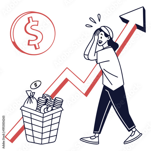 Woman stressed by rising costs and inflation graph