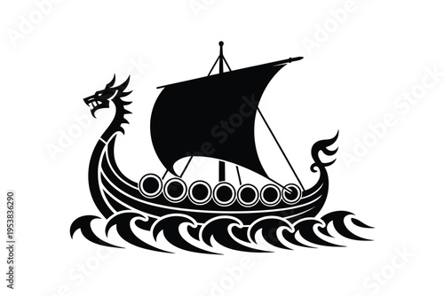 A striking black and white illustration of a viking longship with a dragon