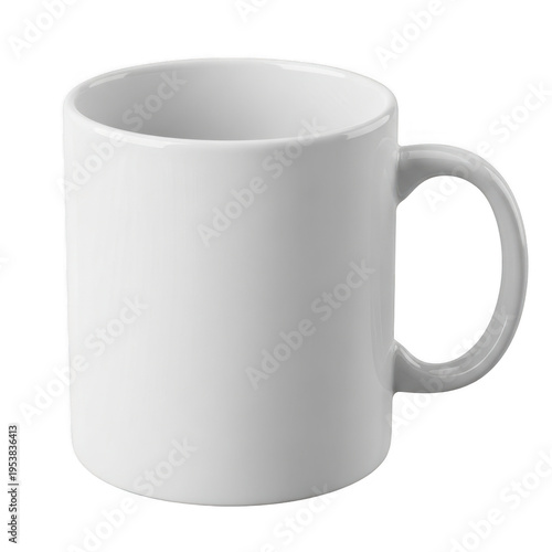 A simple white ceramic mug with a handle sitting on a flat surface.