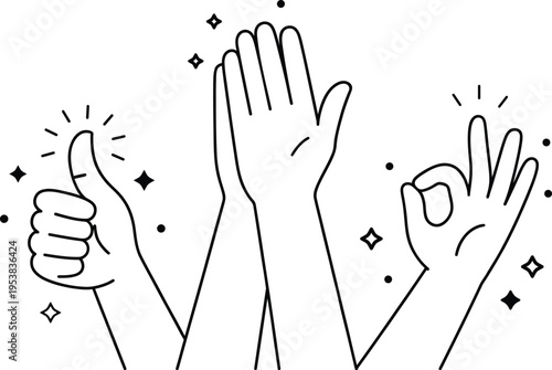 Three diverse hands displaying positive gestures with thumbs up okay sign and high five isolated on transparent background