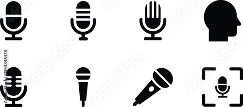 Collection of various microphone icons representing audio recording and voice input technologies isolated on transparent background