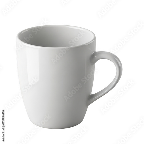 A pristine white ceramic mug with a handle, showcasing a smooth and glossy finish.
