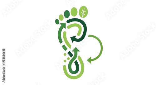 Ecological footprint concept with a green spiral arrow forming a footprint and a leaf on a white background, symbolizing environmental responsibility and sustainability