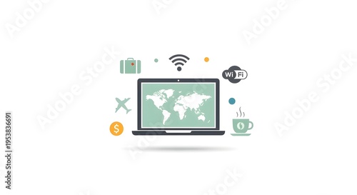 Wallpaper Mural Global digital connectivity and remote work illustrated with laptop, wifi, and travel icons Torontodigital.ca