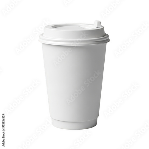 A white disposable coffee cup with a lid sitting upright on a flat surface