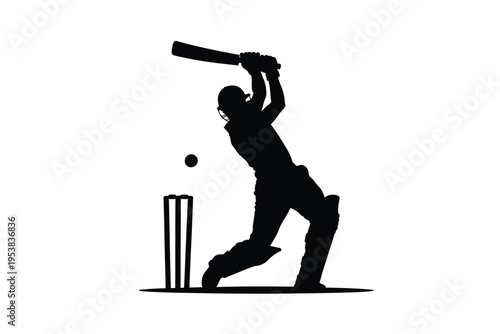 Silhouette of a cricket batsman in mid swing facing a delivery
