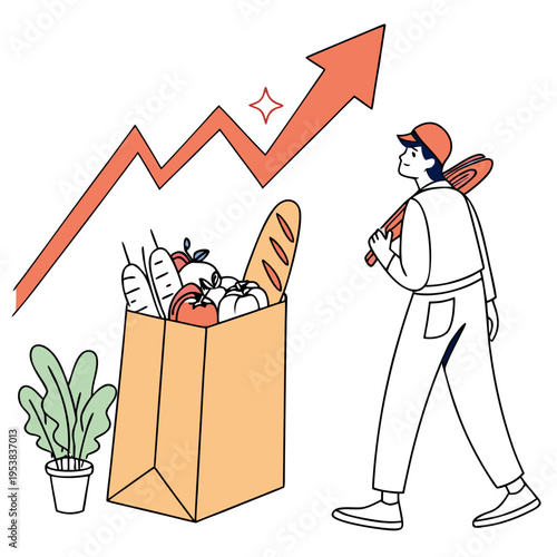 Man walking with grocery bag and rising arrow inflation