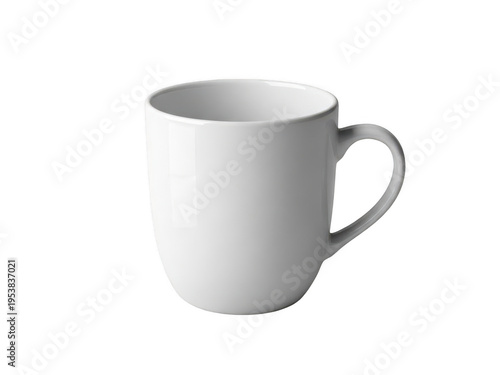 A simple white ceramic mug with a handle, standing upright against a plain background.