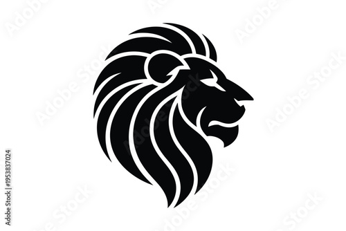 A striking black and white illustration of a majestic lion s head