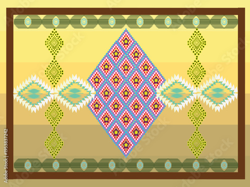 ethnic geometric rug pattern with colorful diamond motif and ornamental border