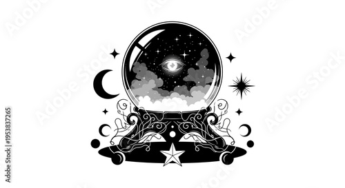 Mystical Crystal Ball with Celestial Elements and Ornate Stand