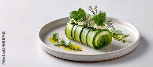 Cucumber Roll with Herbs: A beautifully presented cucumber roll, delicately crafted and filled with creamy, light filling and decorated with fresh herbs. A culinary masterpiece for food lovers.