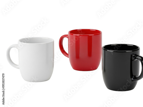 Three ceramic mugs in white, red, and black colors placed in a row.