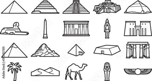 Ancient architectural marvels in a monochrome vector design, including iconic pyramids, temples, and structures.