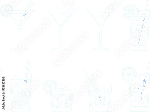 Cocktail Drinks Outline Icon Set with Martini Glass Highball Cocktail Garnish Ice Cubes and Straws Bar Beverage Vector Illustration