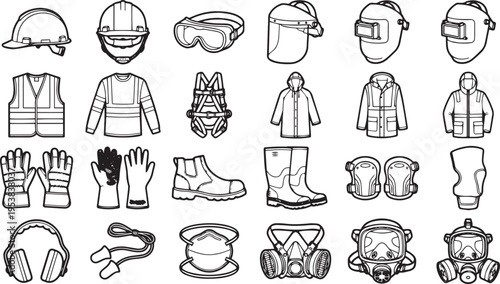 Collection of essential safety equipment, featuring hard hats, safety glasses, face shields, protective clothing, work gloves, safety boots, and respirators, all in a clean.