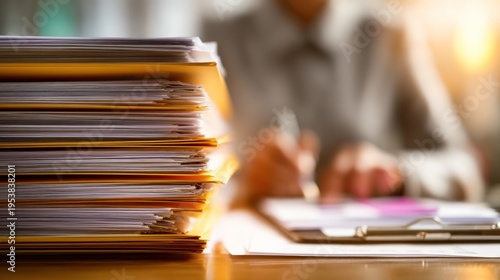 Stacked files and person working