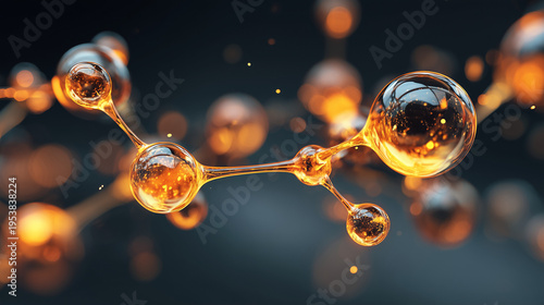 Glowing golden molecular structure with transparent spheres, futuristic scientific concept, abstract chemistry background with elegant lighting and depth.
