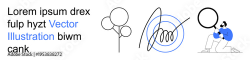 Graphic design, visual concepts, abstract thinking, problem-solving, inspection, creative art. Minimalist balloons, abstract scribbles person examining with magnifying glass. Graphic design