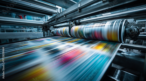 High speed industrial printing press in operation producing large volume prints with precision rollers, ink flow and automated machinery in modern factory