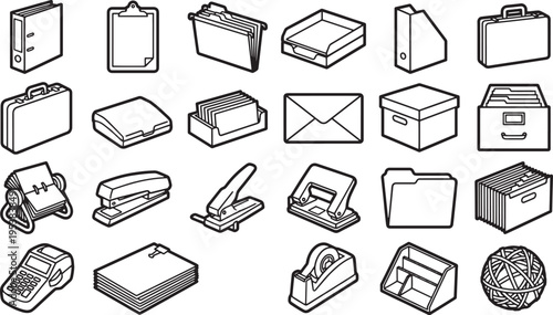 Office supply set illustration, a comprehensive collection of essential stationery elements in a simple, streamlined design.