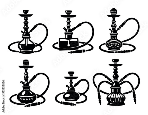 Set of classic hookah and shisha water pipe symbols, depicting elements of Middle Eastern heritage and smoking-related items